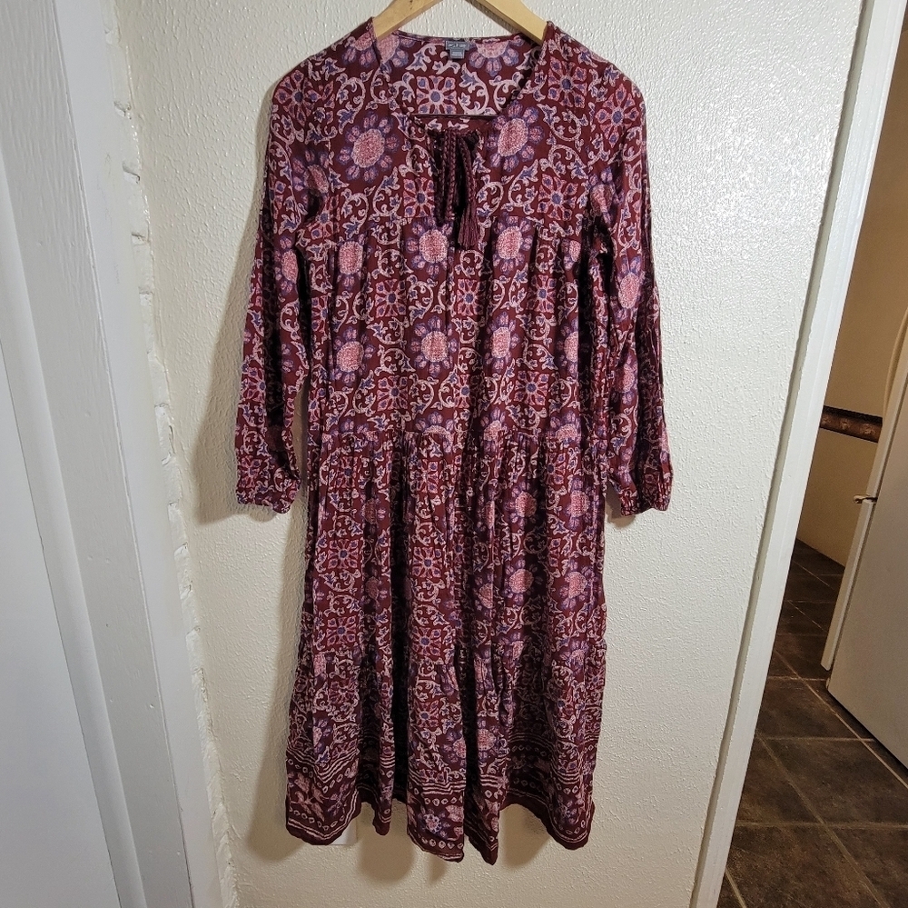 Aerie 100% Cotton Lightweight Tiered Boho Peasant Midi Maxi Dress sz XS Maroon